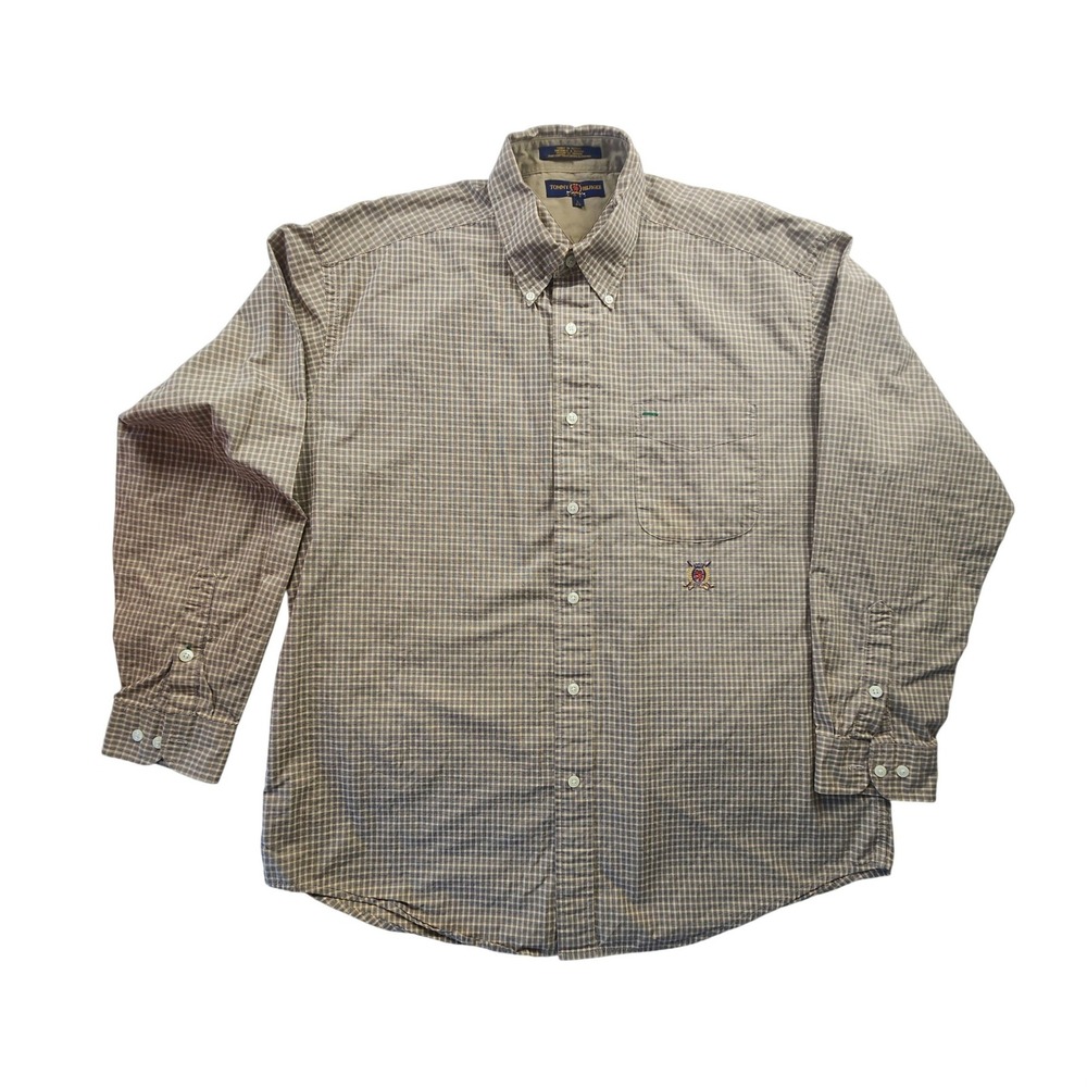 Tommy Hilfiger Golf Mens Large Tan Check Button Down Shirt Cotton Crest Logo EUC